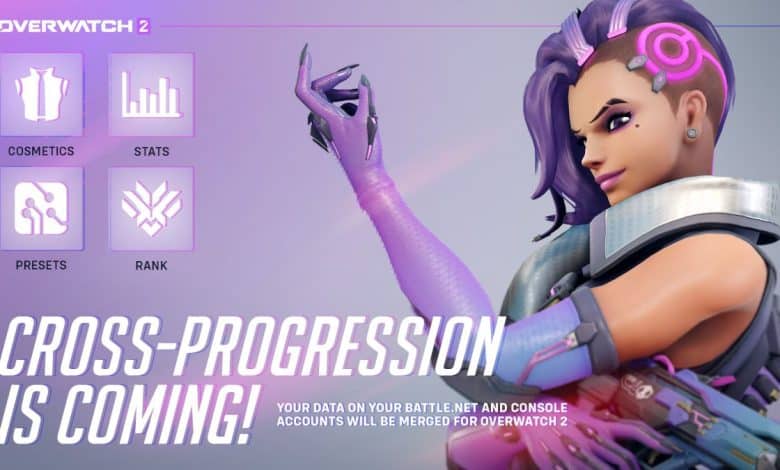 Overwatch 2 cross progression account merging graphic from Blizzard featuring Sombra