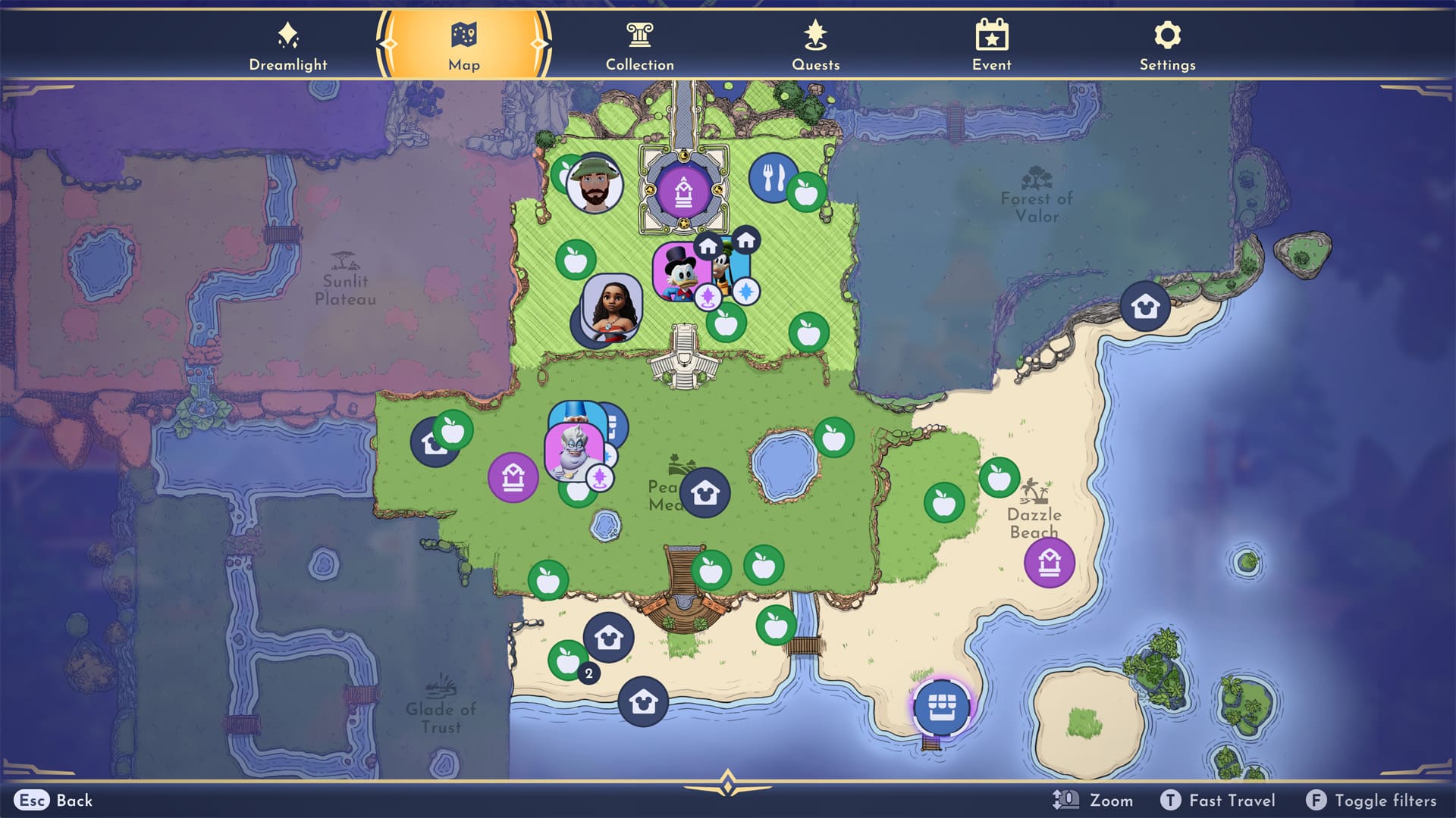 Carte Disney Dreamlight Valley pleine de personnages et d'icônes de récolte