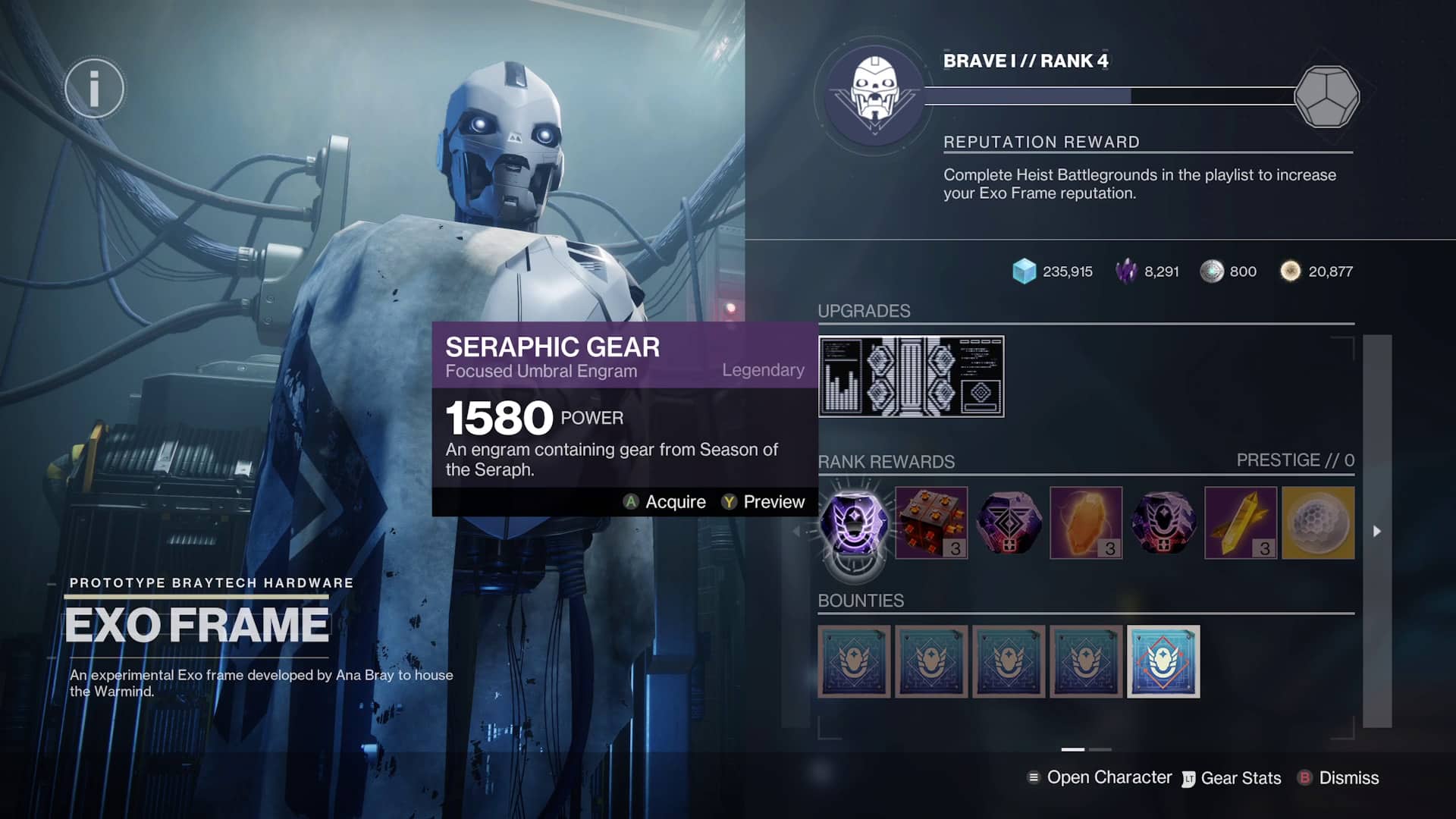 Destiny 2 saison du menu du vendeur de cadres seraph exo