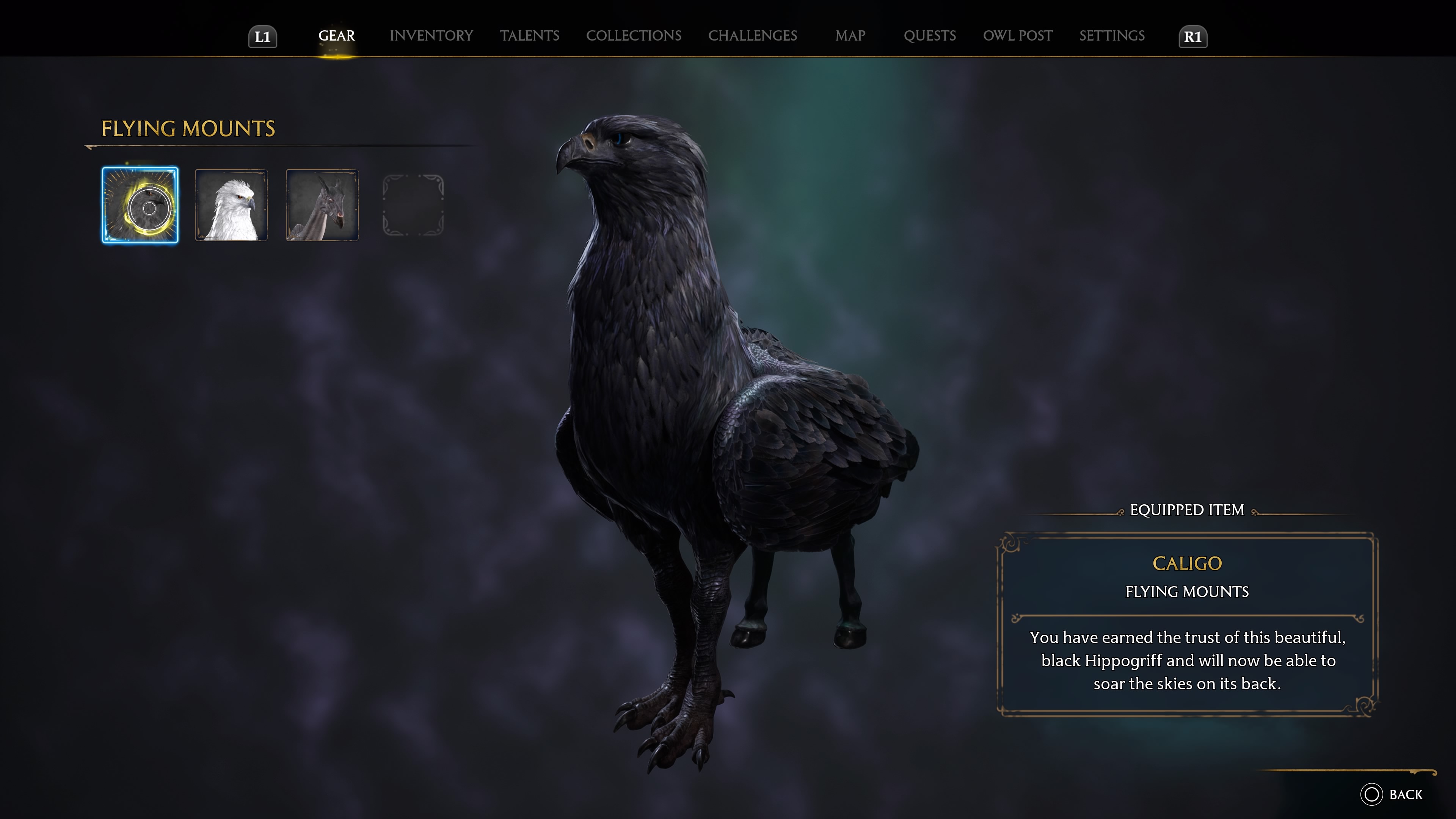 Caligo l'hippogriffe onyx dans Hogwarts Legacy
