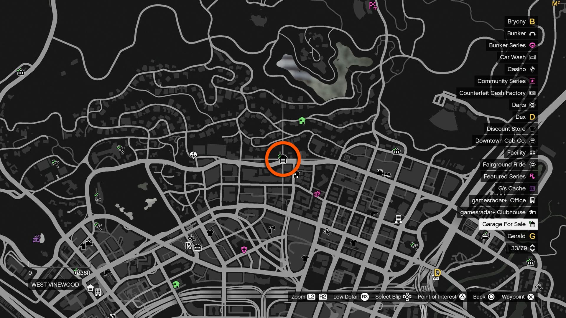 Carte montrant l'emplacement du garage GTA Online 50