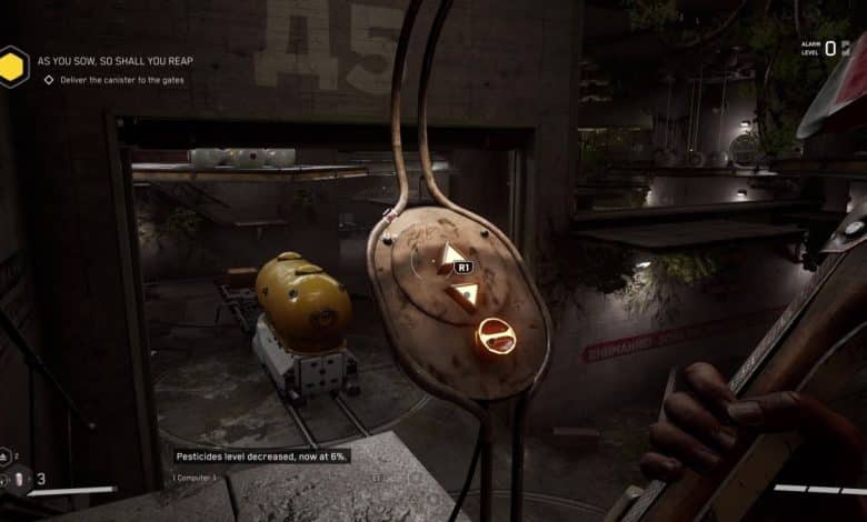 Atomic Heart yellow canister in Pesticide Workshop moving along the tracks
