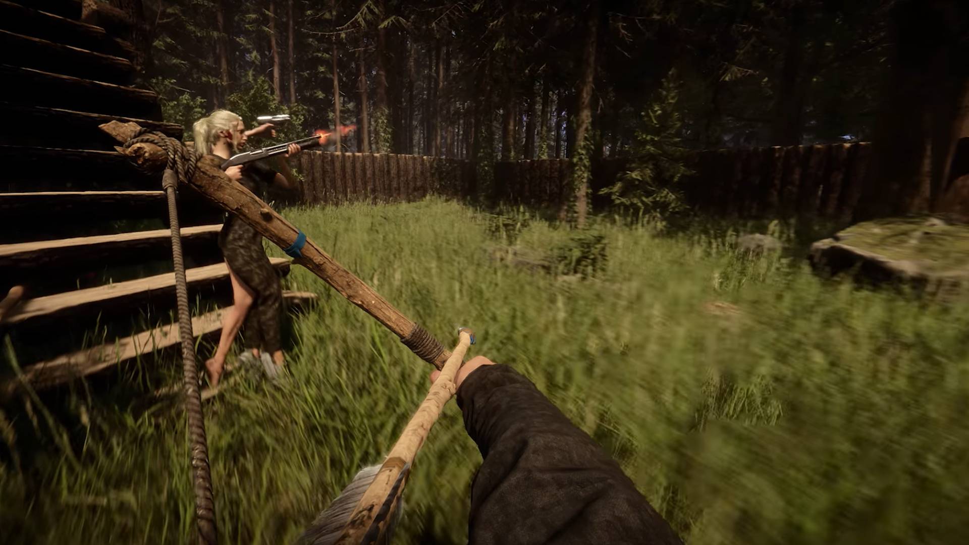 Capture d'écran de la bande-annonce de Sons of the Forest montrant la compagne mutante Virginia tirant avec un fusil de chasse