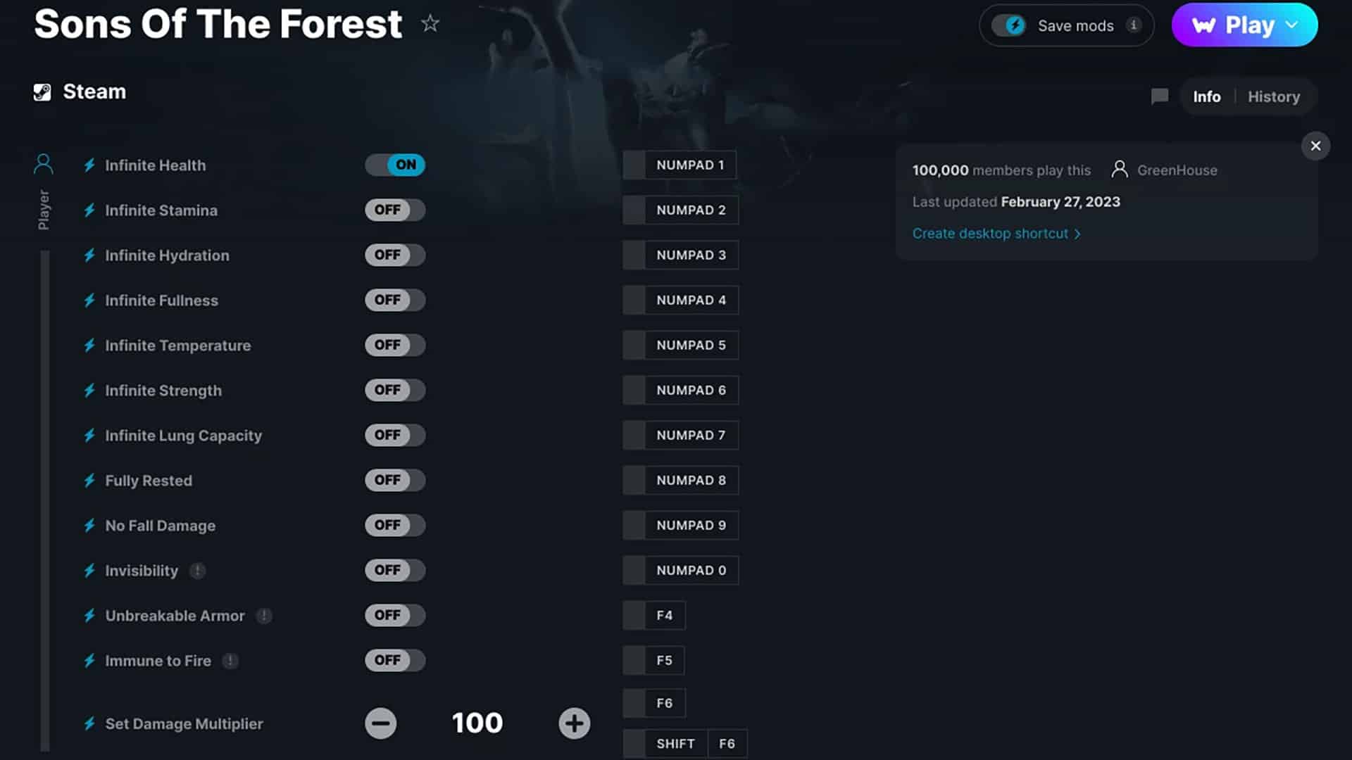 Sons of the Forest cheats page mod de WeMod