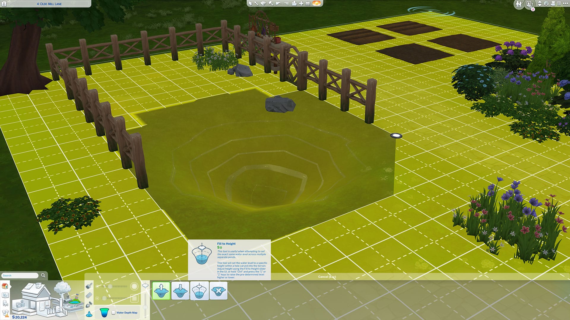Remplir un bassin de terrain avec de l'eau pour construire un étang dans Les Sims 4