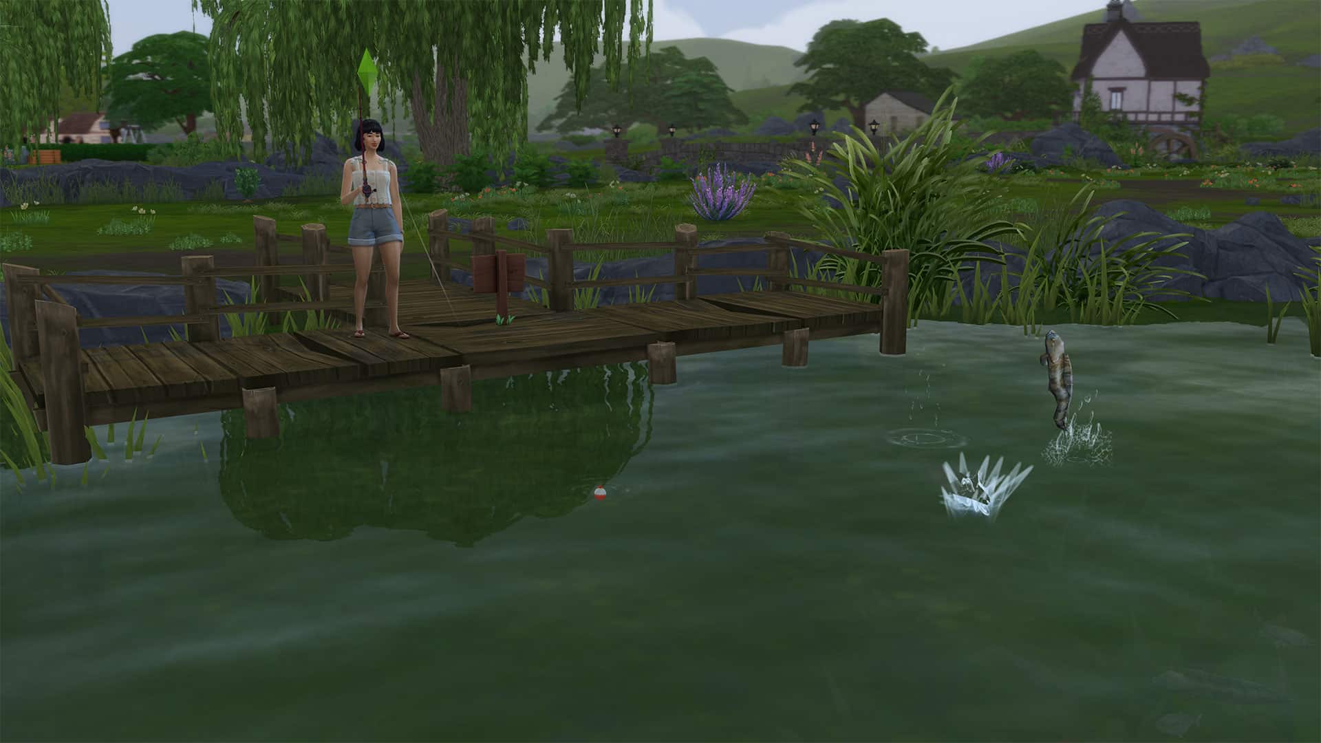 Une image d'une femme Sim pêchant dans l'un des nouveaux étangs des Sims 4