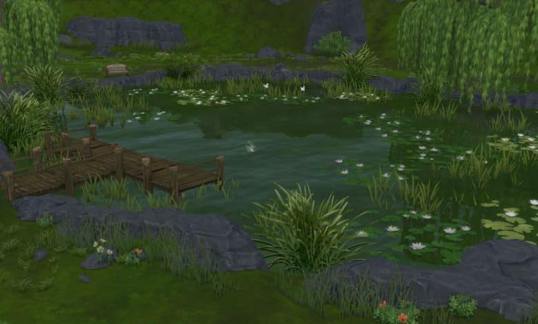 A well-established Sims 4 pond, with trees, fish, and various wildlife