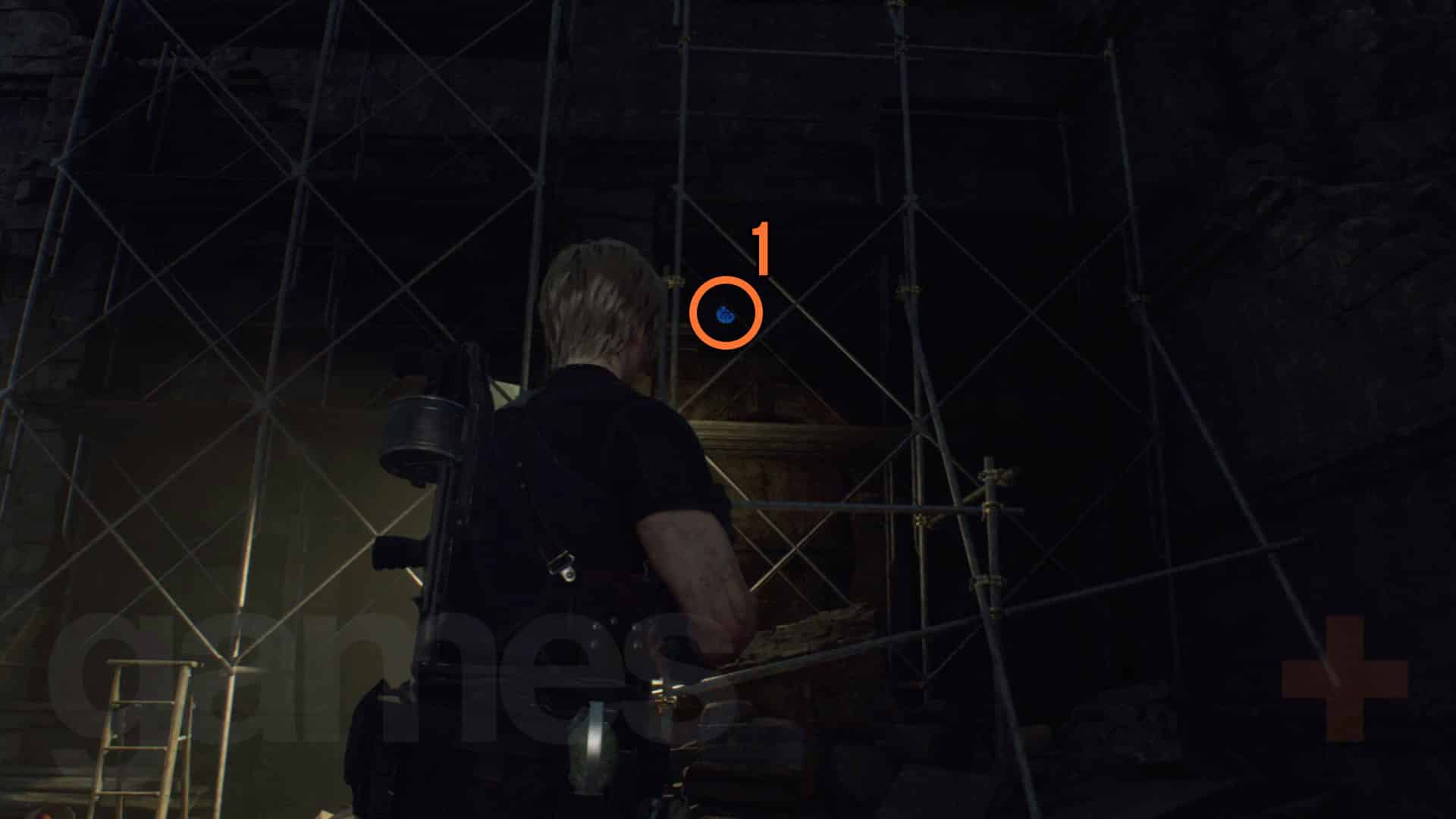 Resident Evil 4 Remake Cliffside Ruins Blue Medallion en ruines échafaudage