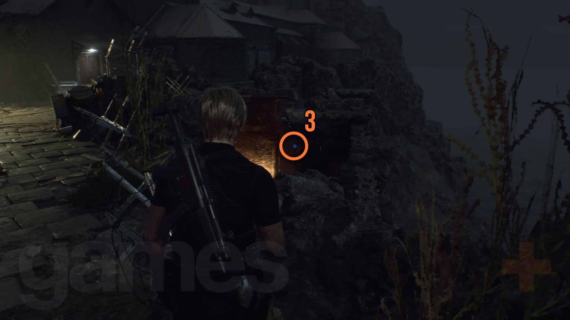 Resident Evil 4 Remake Cliffside Ruins Blue Medallion suspendu au-dessus du tunnel des ruines inférieures