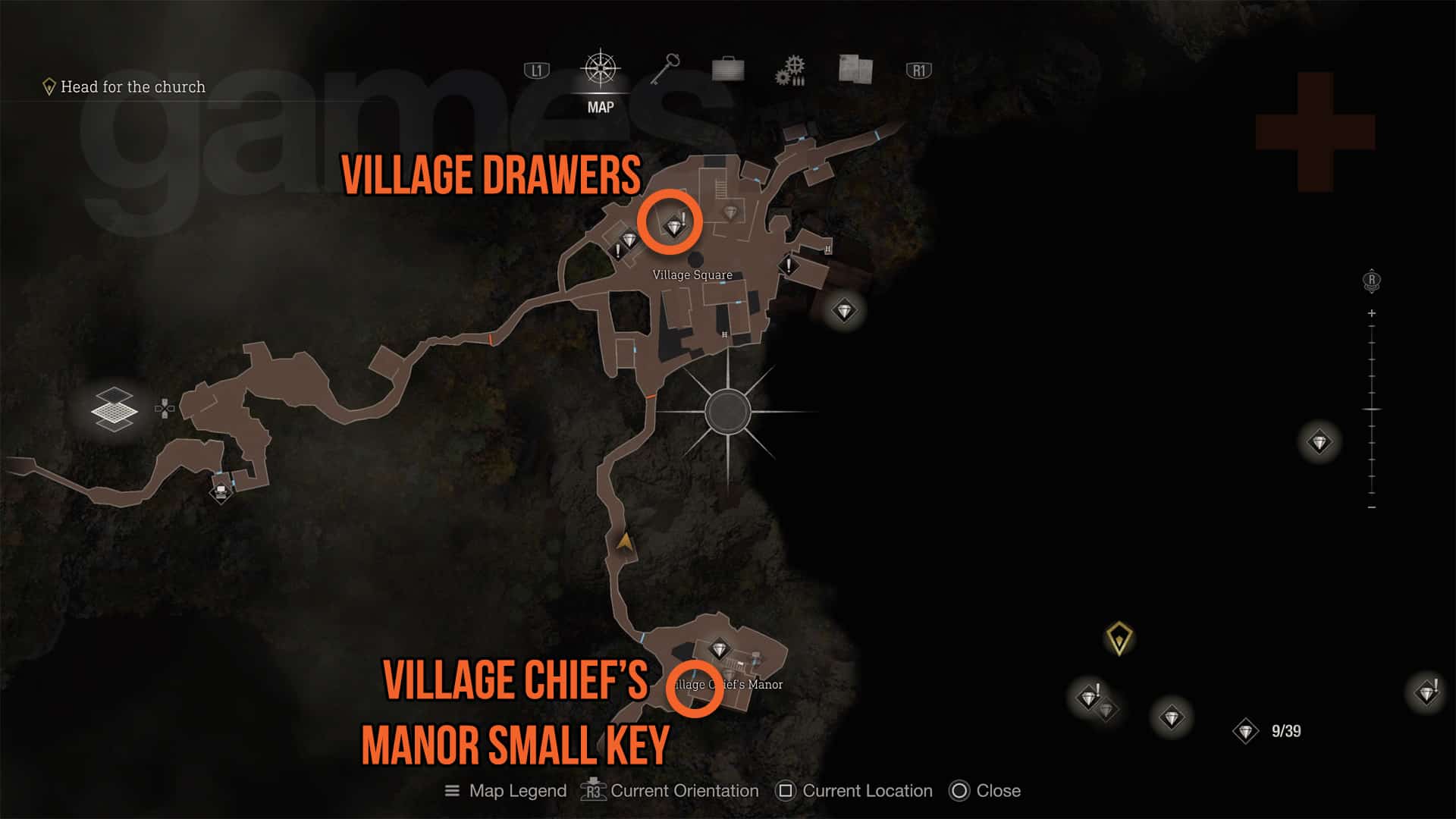 Resident Evil 4 manoir du chef petite carte clé et tiroirs dans la maison de village