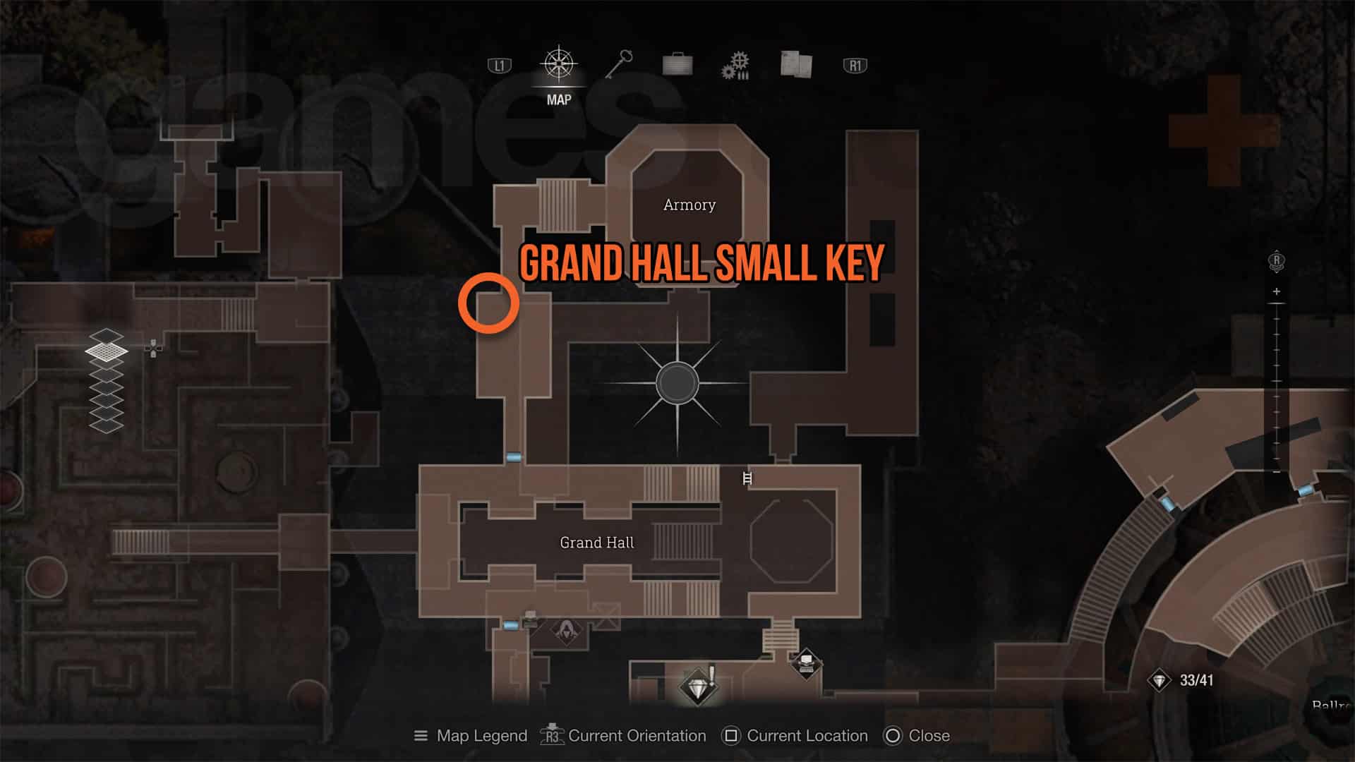 Carte Resident Evil 4 de la petite clé près du grand hall