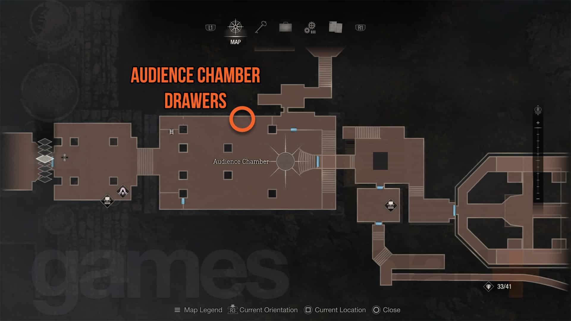 Resident Evil 4 carte des tiroirs de la salle d'audience