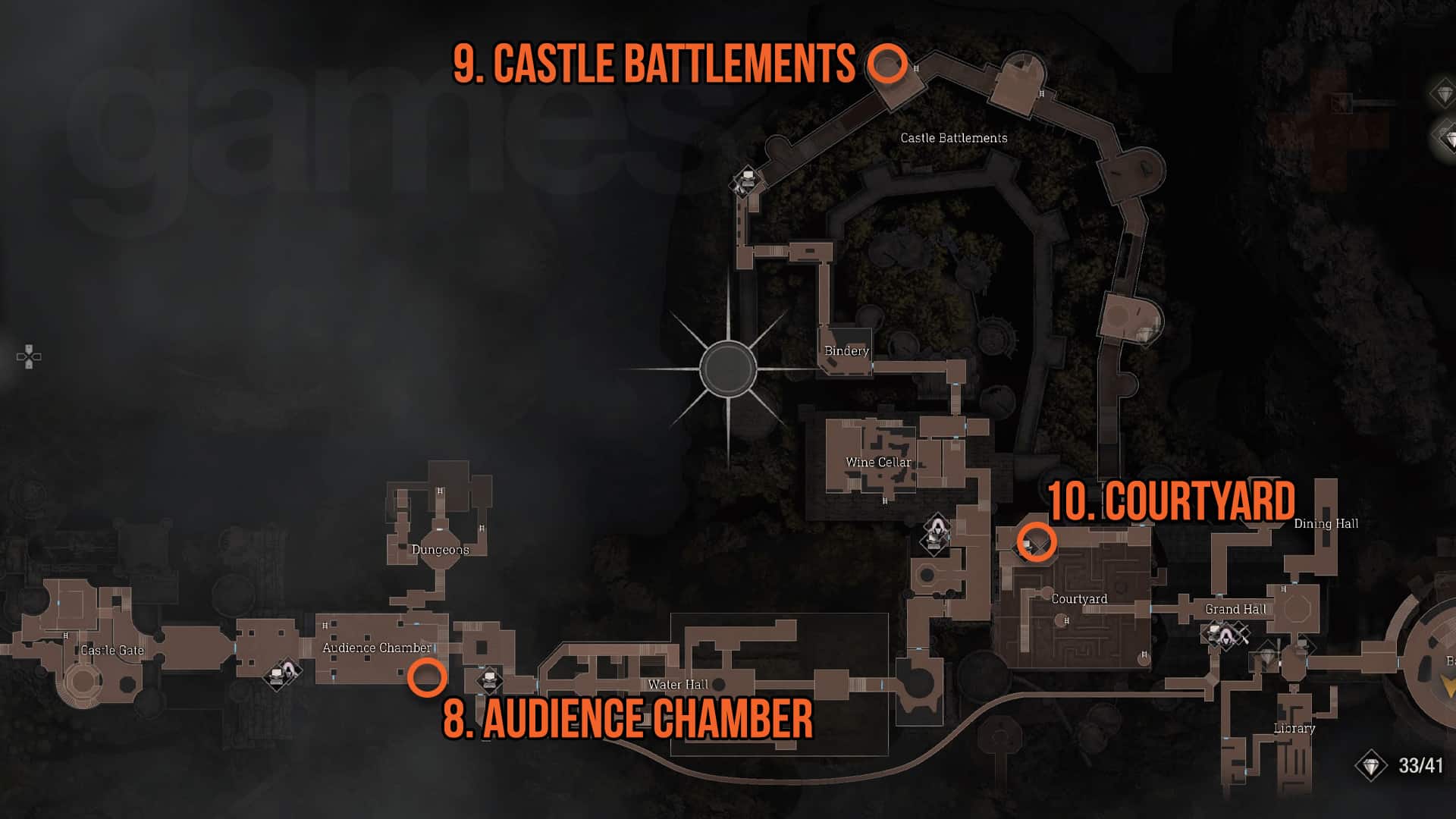 Resident Evil 4 Remake Yellow Herb map place la salle d'audience, les remparts du château et la cour
