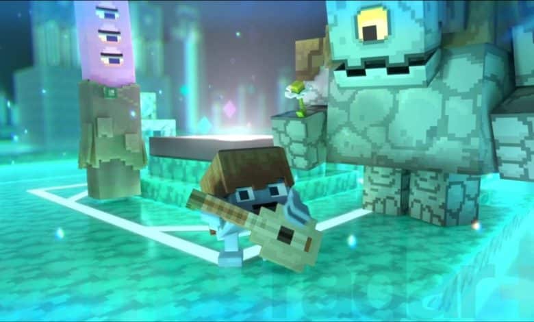 Minecraft Legends characters present building lute
