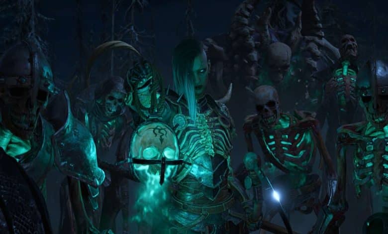 The Diablo 4 Necromancer creeps towards the screen with the undead in tow