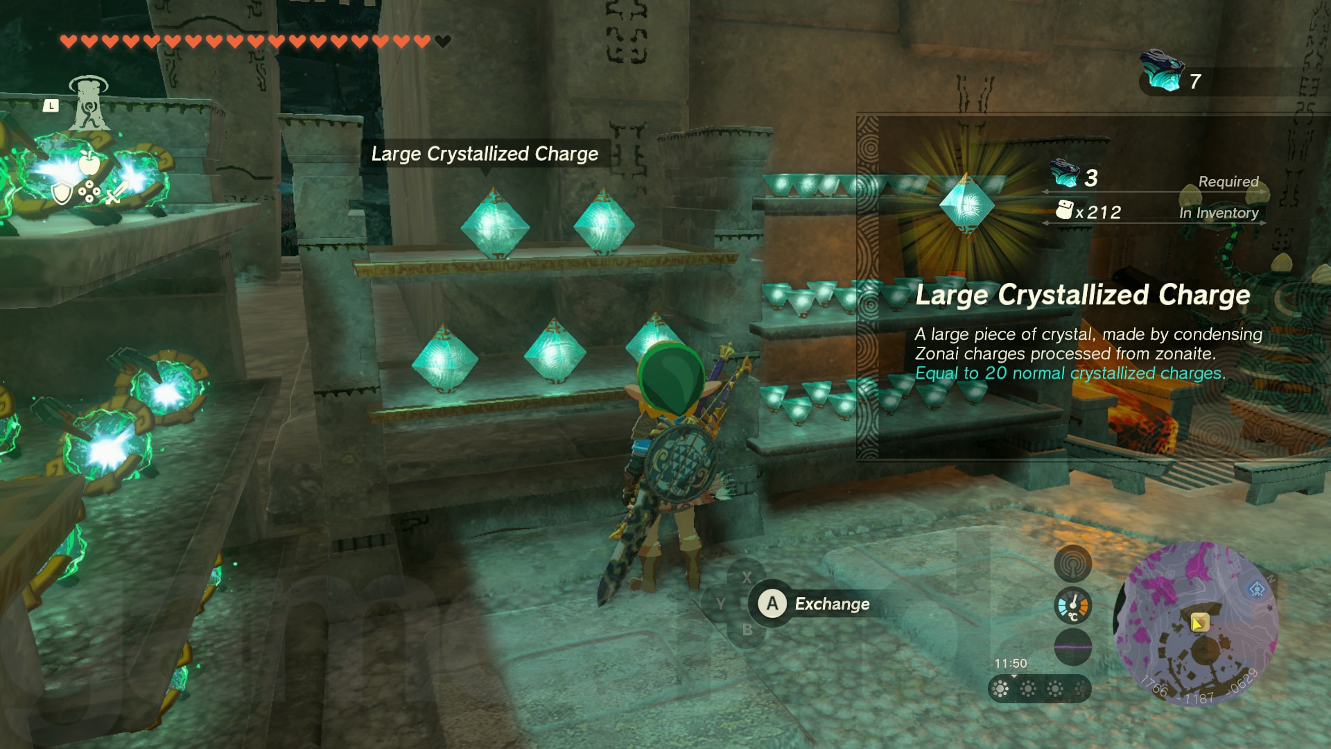 Link achète des charges cristallisées pour les mises à niveau de batterie dans Zelda Tears of the Kingdom