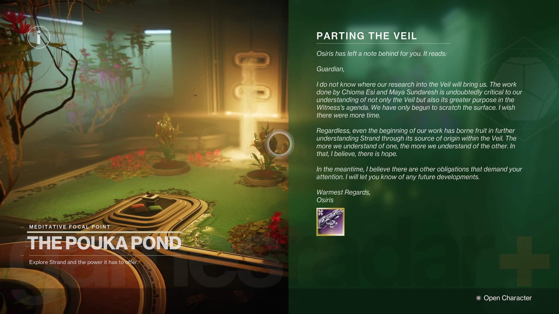 Destiny 2 Lightfall Parting the Veil quest mettant fin à la récompense du canon à main d'intégration d'époque avec une lettre d'Osiris