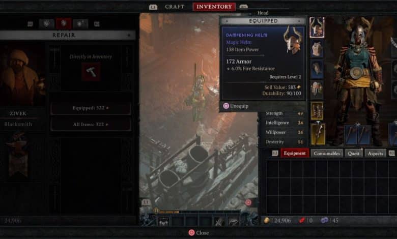 Diablo 4 repairing armor at blacksmith