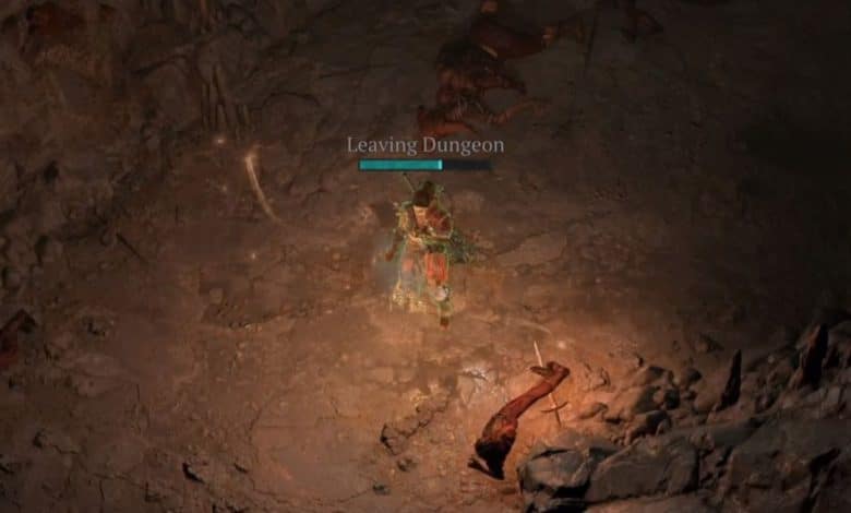 Diablo 4 barbarian character leaving dungeon with magic spell