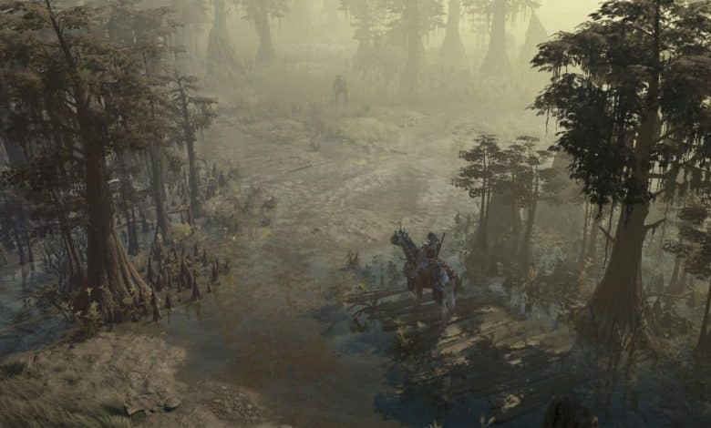 Diablo 4 player riding their horse through Hawezar swamp blizzard image