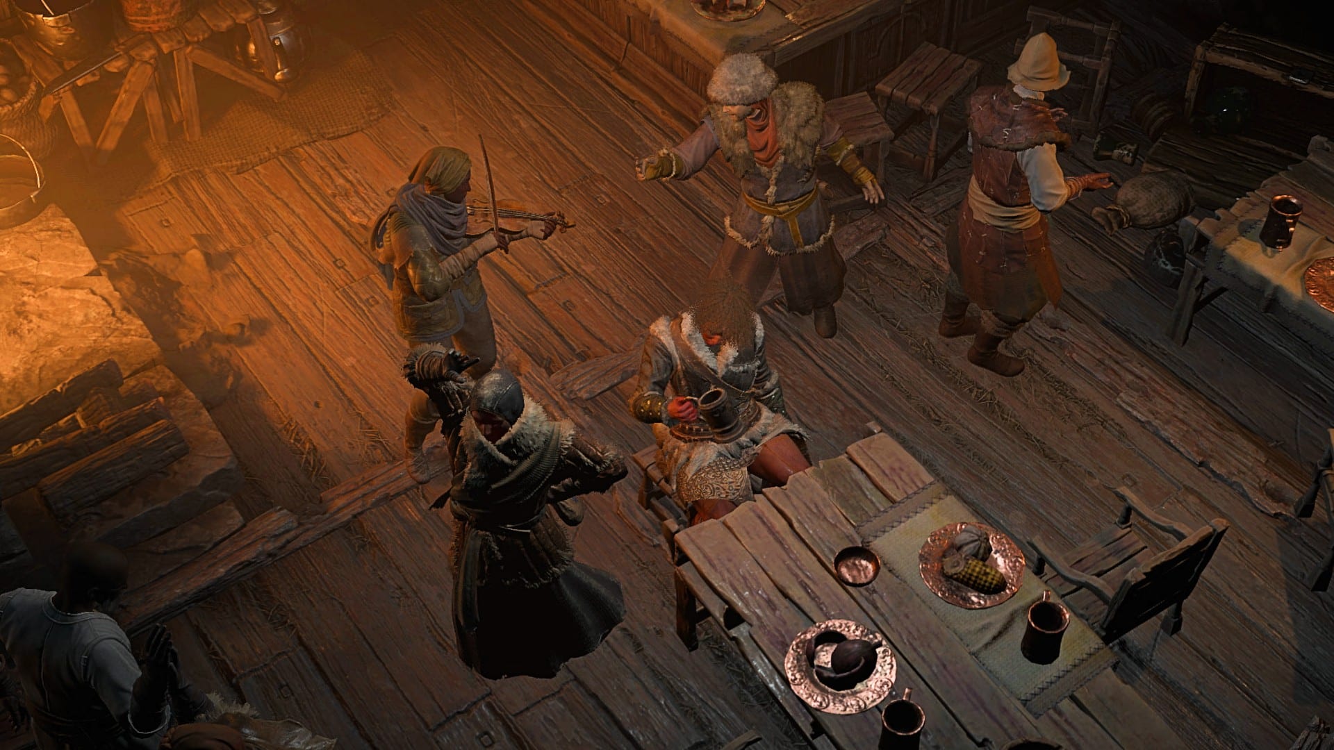 Les villageois dansent autour du joueur dans une taverne faiblement éclairée