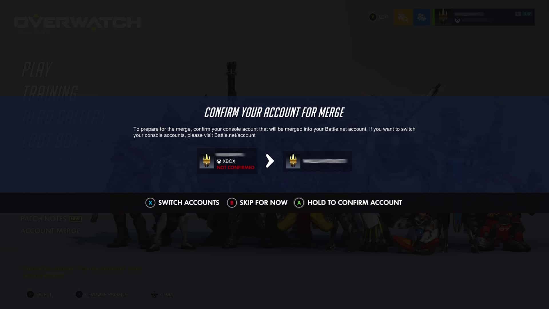 Message de confirmation de compte de progression croisée Overwatch 2 dans le jeu