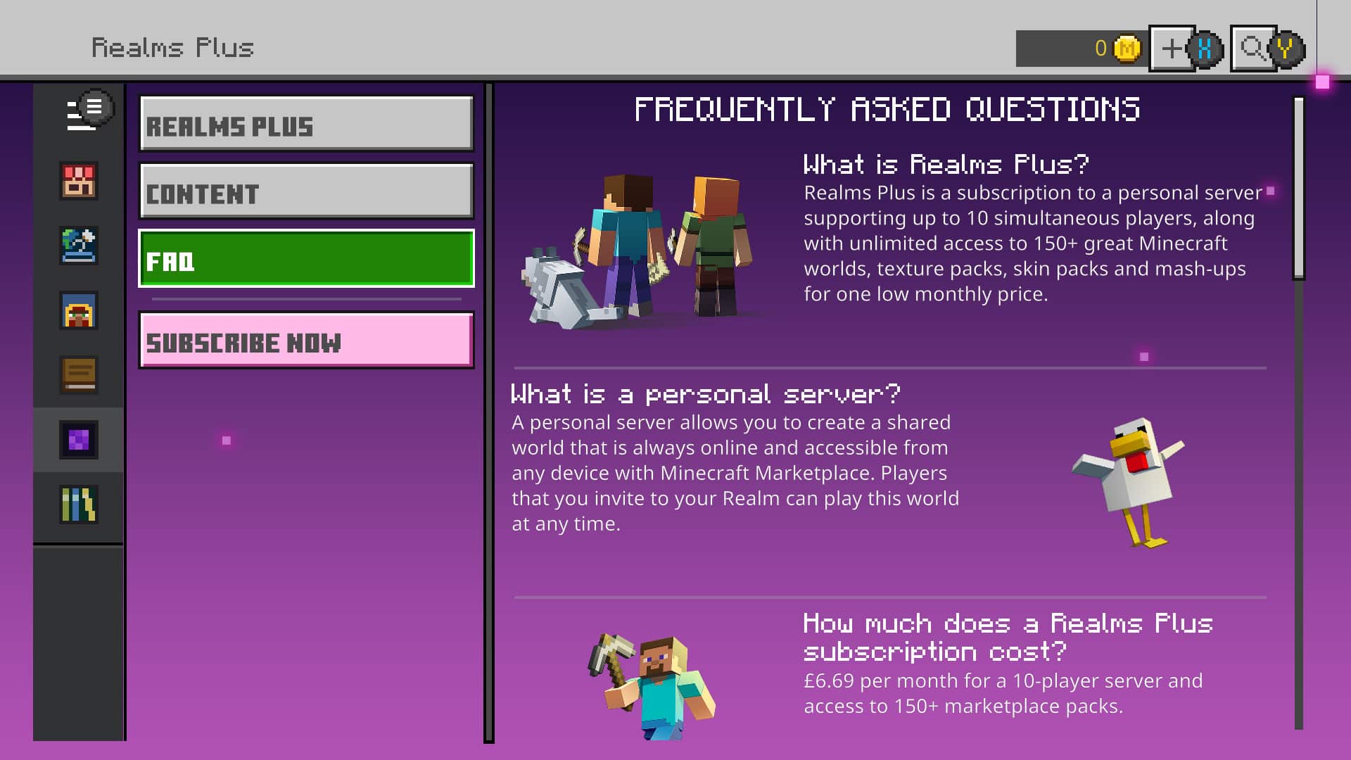 Page FAQ de Minecraft Realms