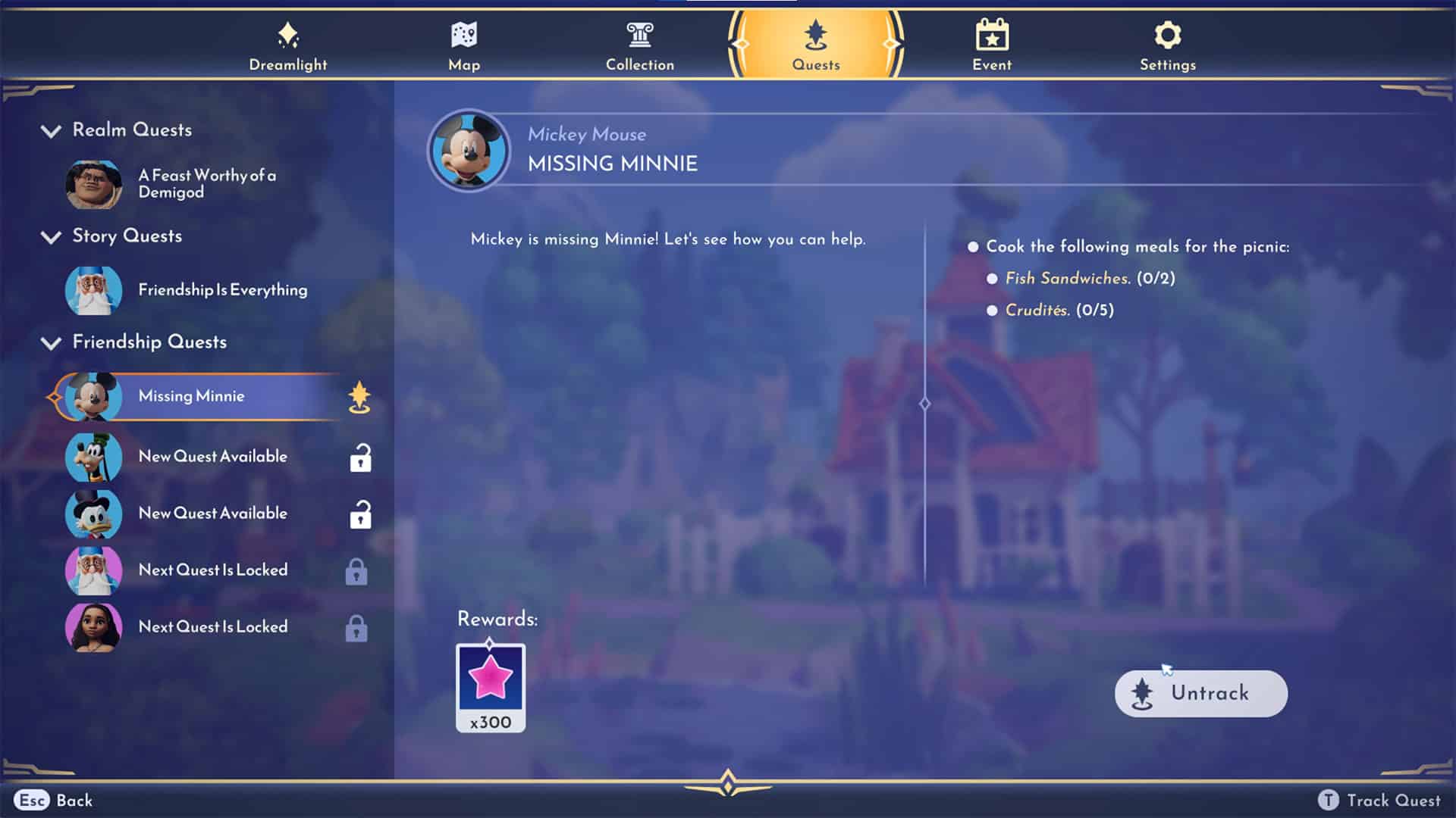 L'écran de quête Missing Minnie dans Disney Dreamlight Valley