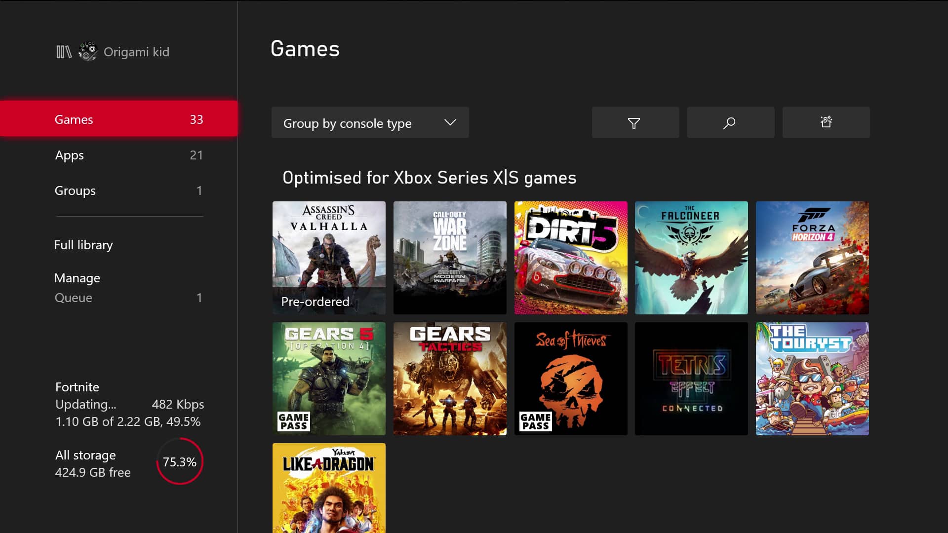 Interface utilisateur de la Xbox Series X