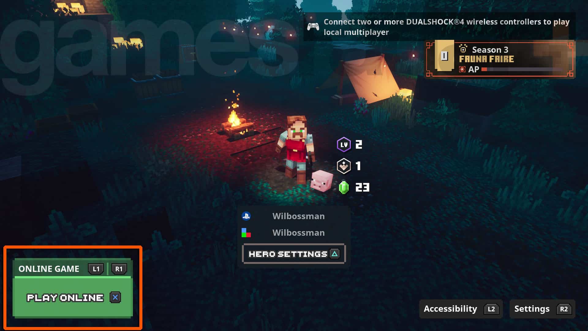 Passage au jeu en ligne sur l'écran de sélection des héros de Minecraft Dungeons