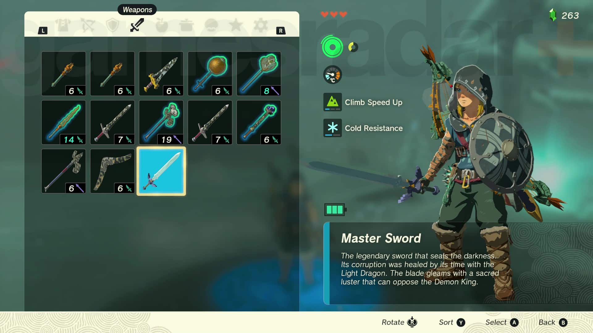 L'épée maîtresse dans l'inventaire de Link dans Zelda Tears of the Kingdom