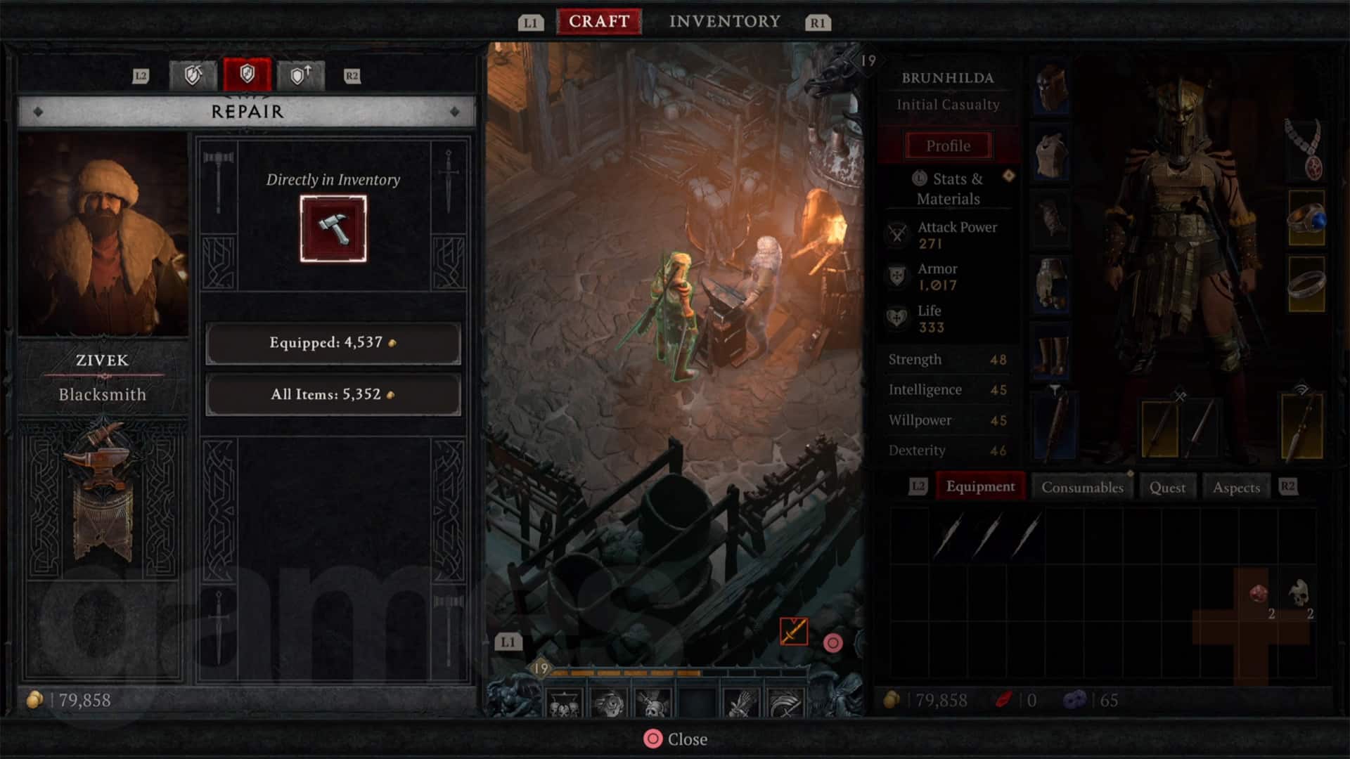 Diablo 4 réparant une armure chez un forgeron