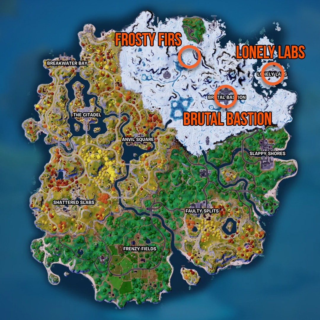 Emplacements de la carte des défis de la quête Fortnite Winterfest pour se cacher à l'intérieur des boules de neige à Lonely Labs, Brutal Bastion et Frosty Firs