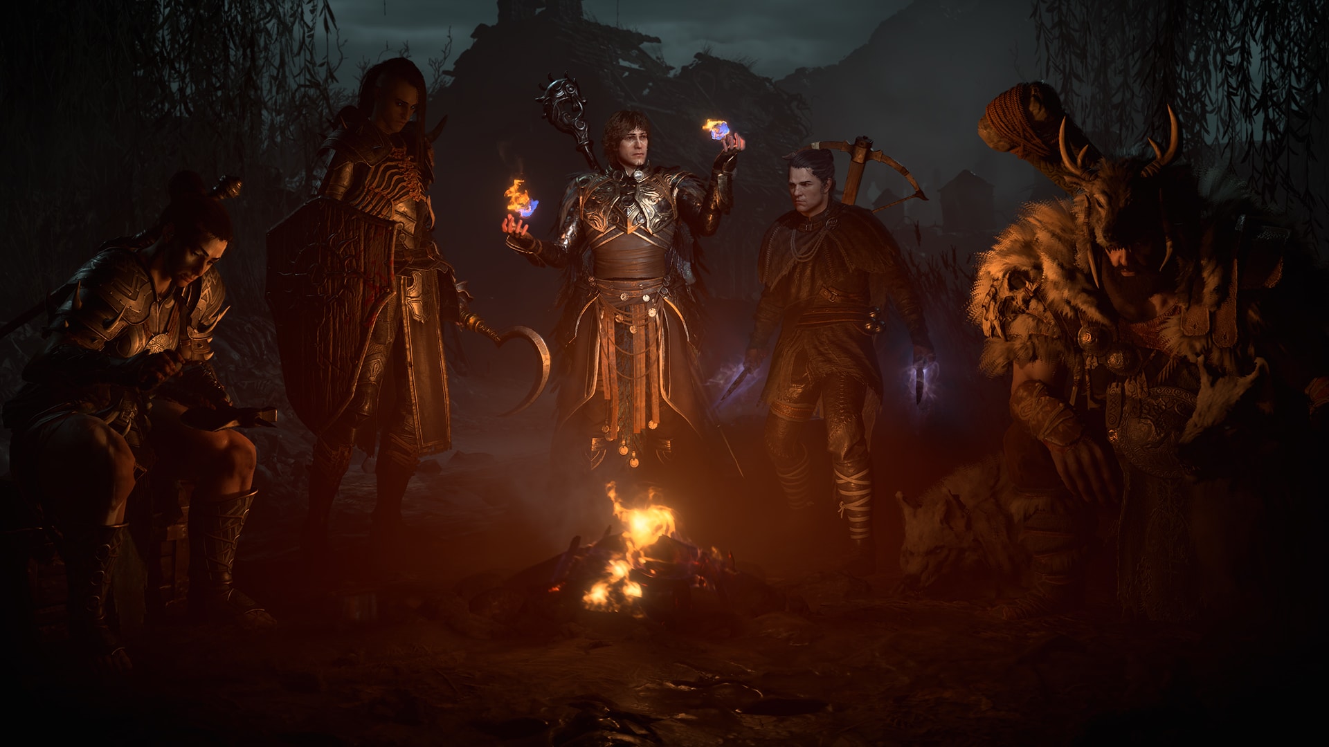 Personnages réunis autour d'un feu dans Diablo 4