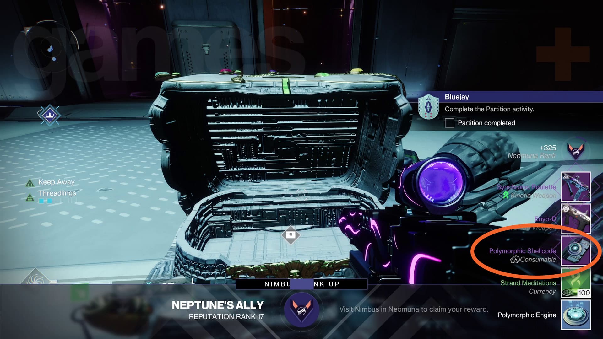 Quête Destiny 2 Lightfall Bluejay récupérant le moteur polymorphe du coffre Terminal Overload