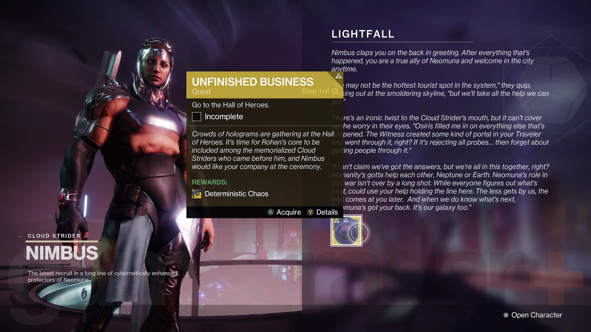 Quête des affaires inachevées de Destiny 2 Lightfall de Nimbus