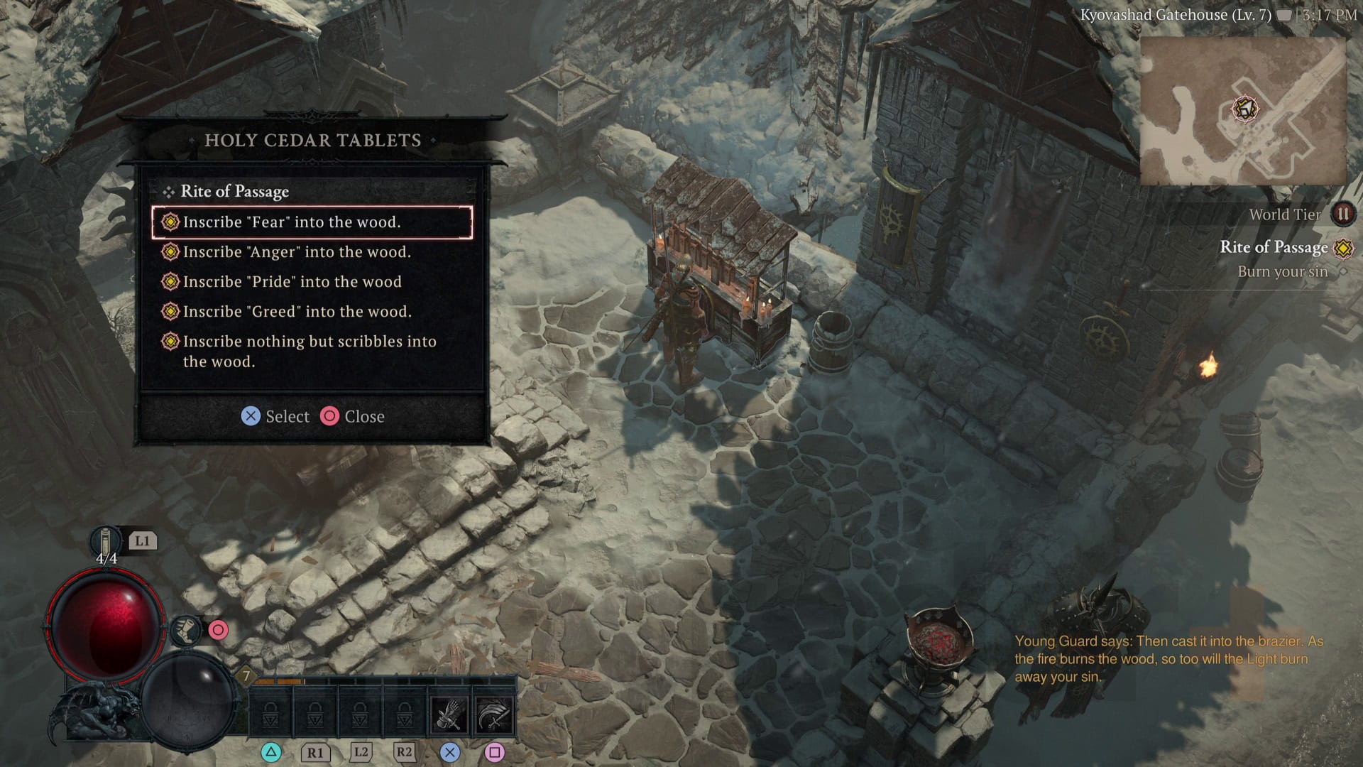 Diablo 4 Rite of Passage quest une liste de péchés (peur, colère, cupidité, fierté et ne rien écrire) à inscrire