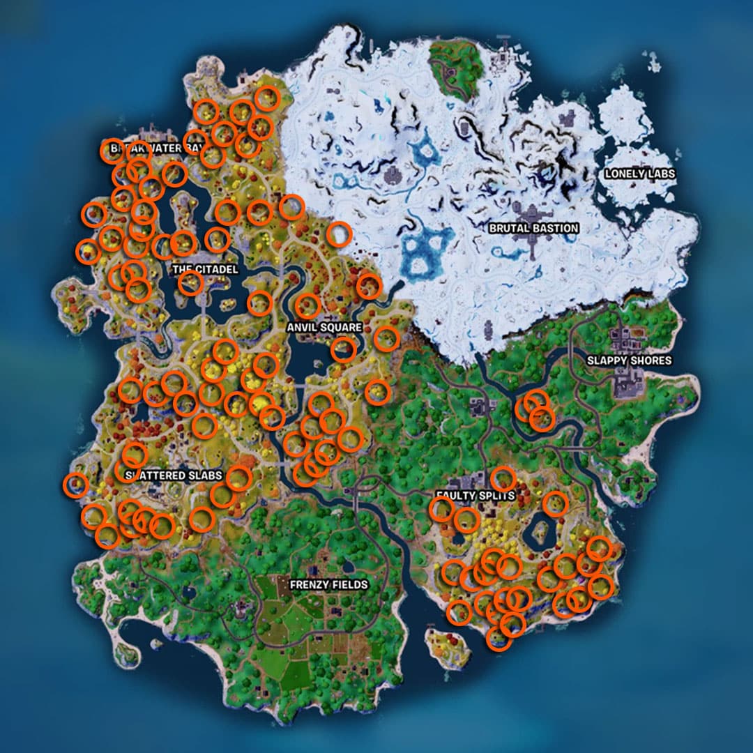 Emplacements Fortnite Slap Berries indiqués sur la carte de l'île