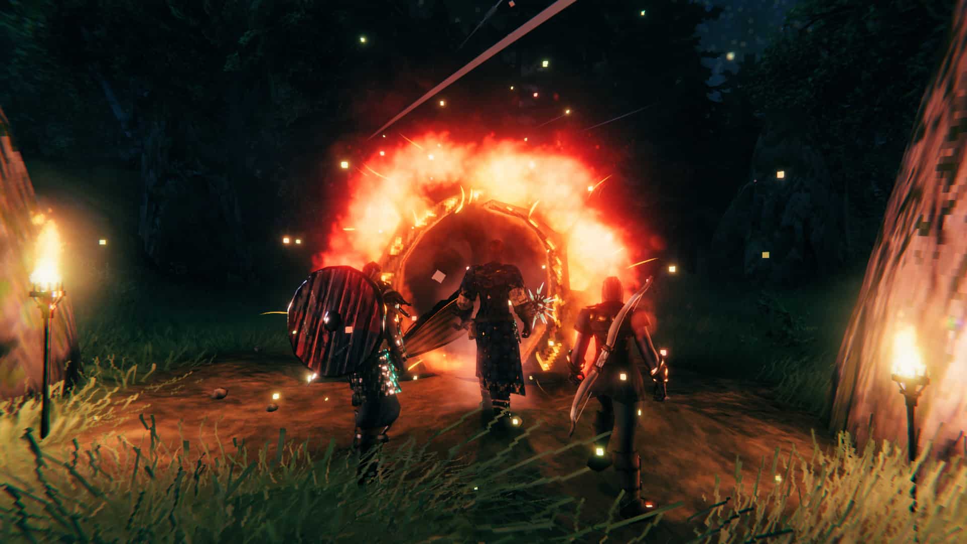 Plusieurs personnages de Valheim se tiennent devant une effigie en feu