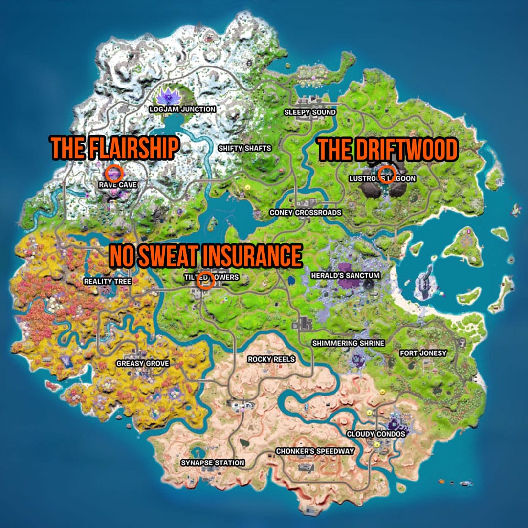 Carte des emplacements de Fortnite Flairship, Driftwood et No Sweat Insurance