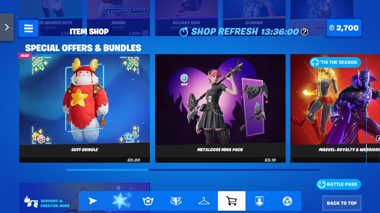 Page de la boutique d'articles Fortnite Winterfest Guff Gringle