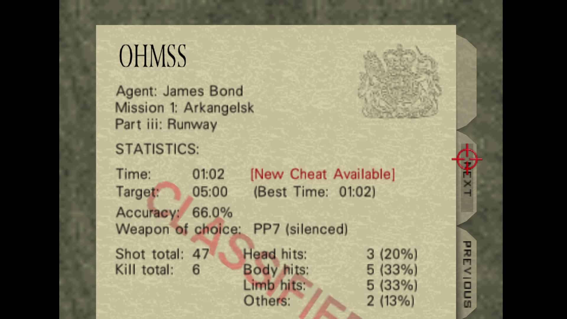 Triche GoldenEye 007 déverrouillée sur l'écran de résumé de la mission