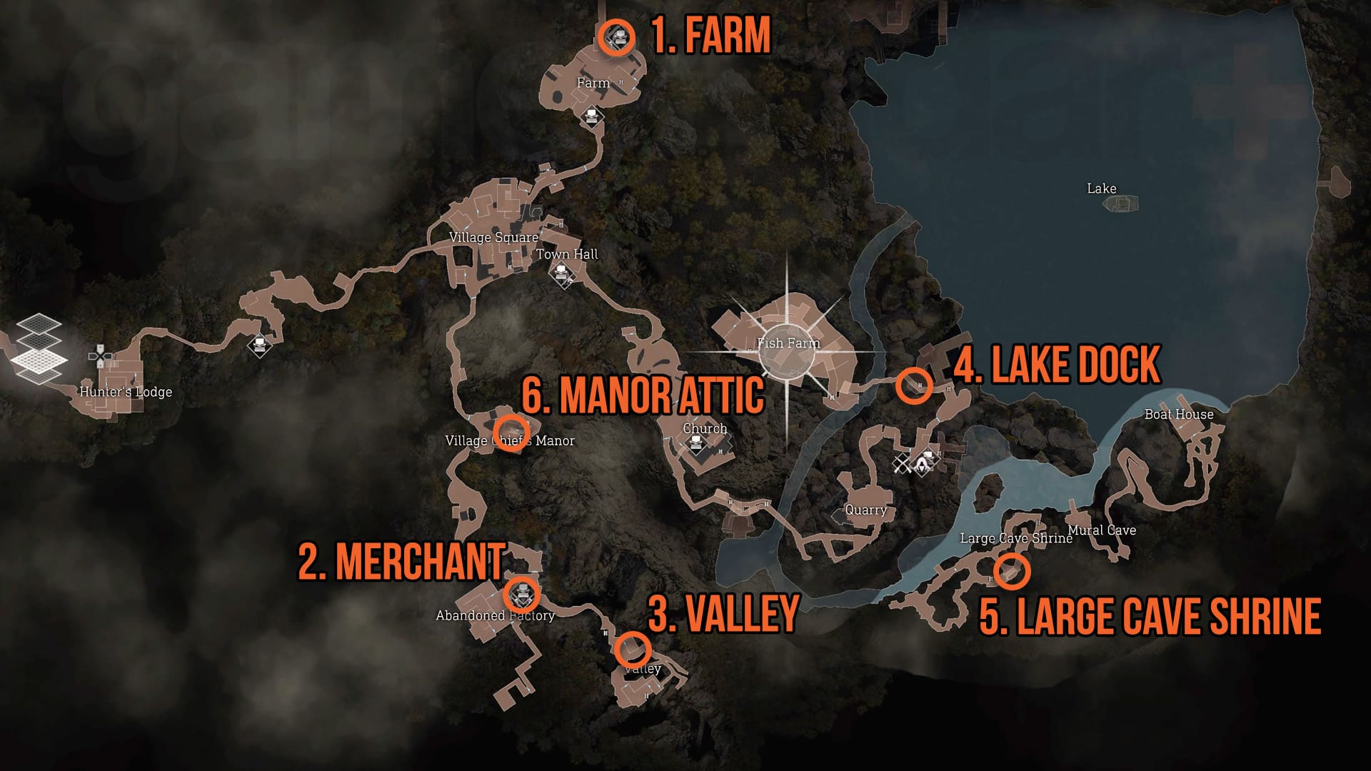Emplacements de la carte Resident Evil 4 Remake Yellow Herb Farm, Valley, Merchant, Manor Attic, Dock et Large Cave Shrine
